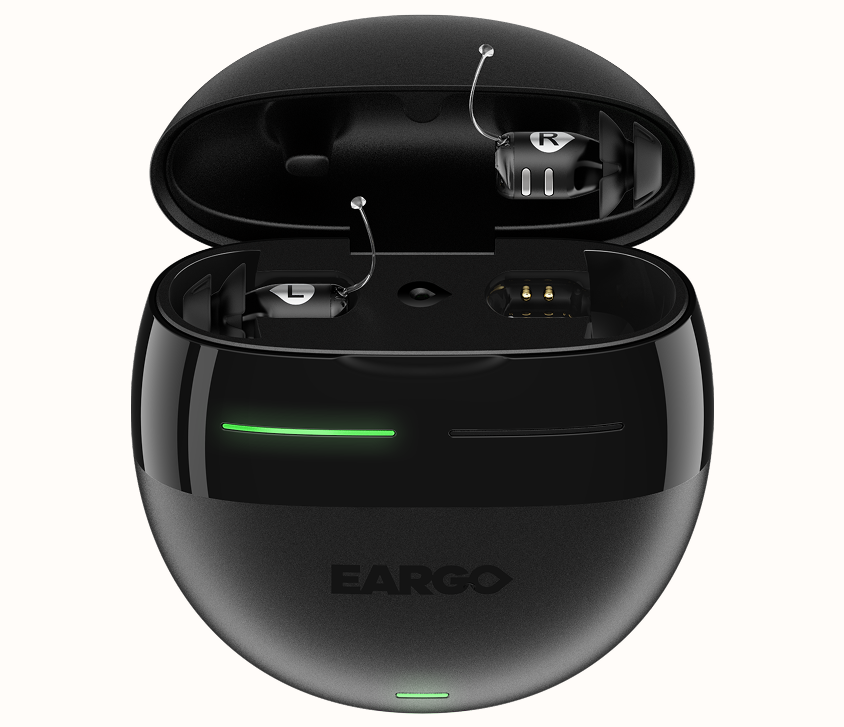 Eargo 8 devices and open case.